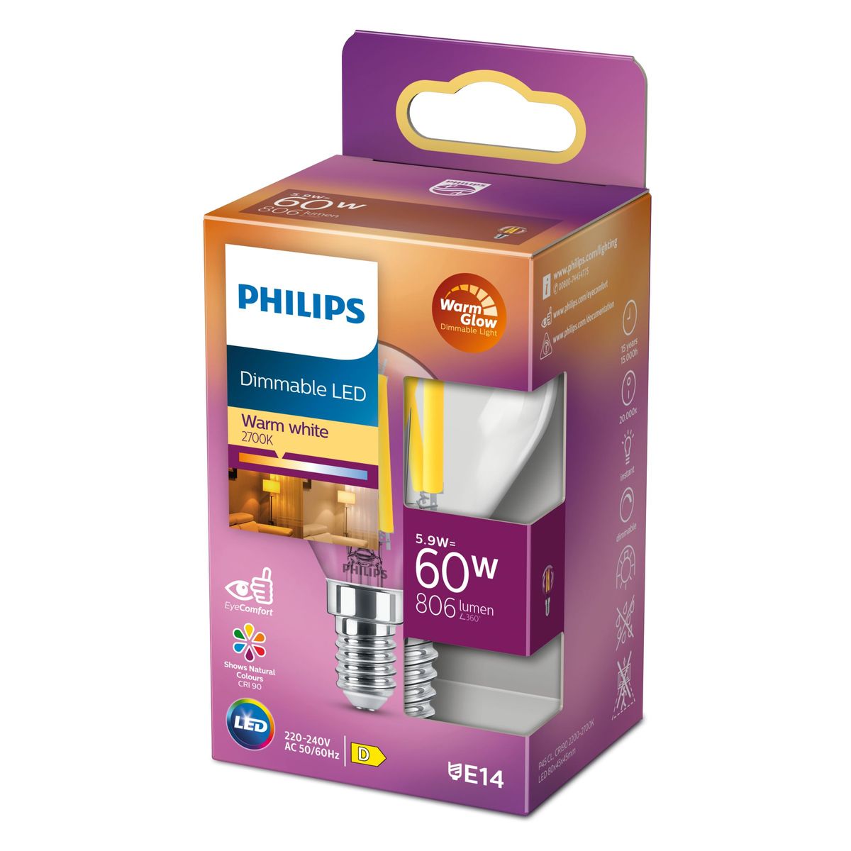 Philips - LED Classic 60W P45 E14 WGD90 CL SRT4
